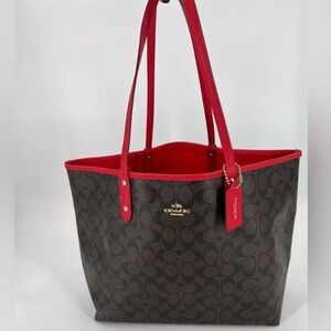 Coach Reversible City Tote Bag Red/Signature Canvas Leather w/Pouch
